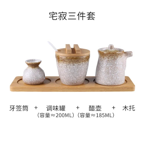 Conjunto de pote de cerâmica japonês restaurante, suporte de palito, prato de vinagre, pote de vinagre, bandeja de madeira, cozinha, dispensador de cereais