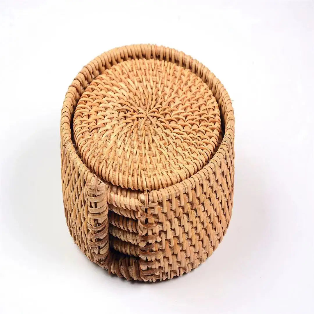 Tapete de copo trançado Rattan natural com caixa de armazenamento Almofada anti-derrapante Placemat tecido à mão Resistente ao calor Isolamento quente