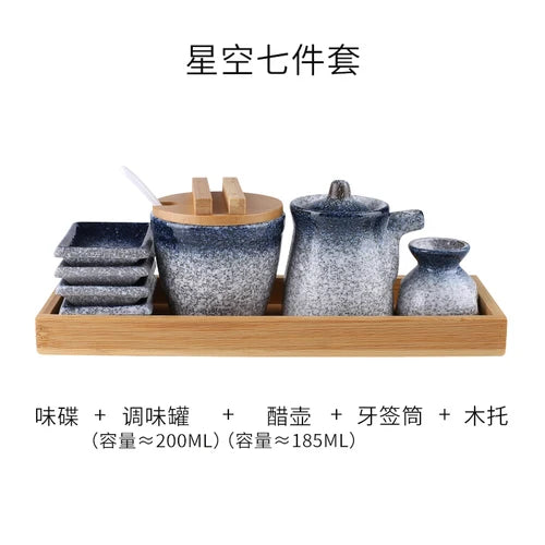 Conjunto de pote de cerâmica japonês restaurante, suporte de palito, prato de vinagre, pote de vinagre, bandeja de madeira, cozinha, dispensador de cereais