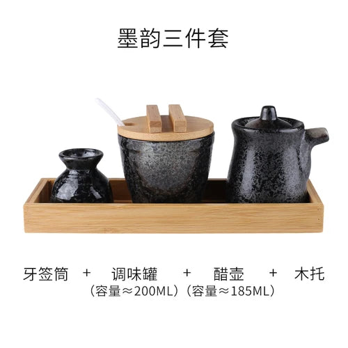 Conjunto de pote de cerâmica japonês restaurante, suporte de palito, prato de vinagre, pote de vinagre, bandeja de madeira, cozinha, dispensador de cereais