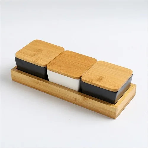 Quadrado moderno cerâmica bandeja de frutas com bambu e bandeja de madeira lanche doces caixa de armazenamento dividido porca bandeja de comida tigela decoração para casa