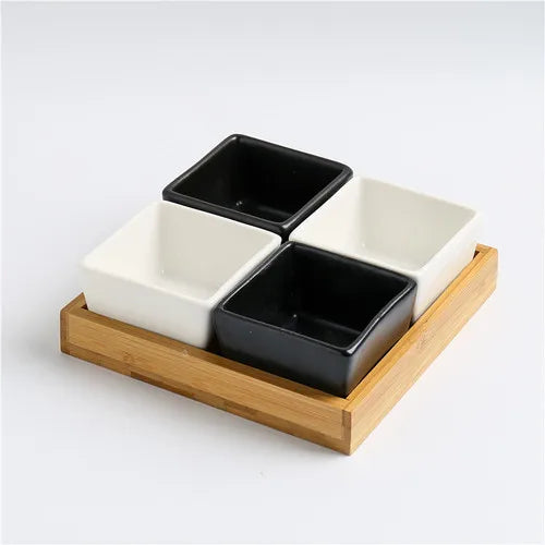 Quadrado moderno cerâmica bandeja de frutas com bambu e bandeja de madeira lanche doces caixa de armazenamento dividido porca bandeja de comida tigela decoração para casa