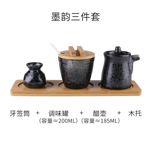 Conjunto de pote de cerâmica japonês restaurante, suporte de palito, prato de vinagre, pote de vinagre, bandeja de madeira, cozinha, dispensador de cereais