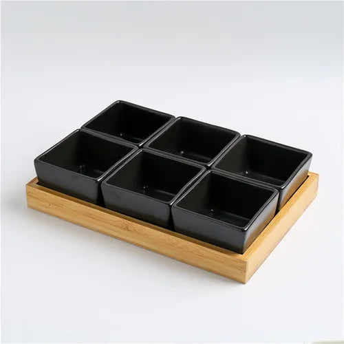 Quadrado moderno cerâmica bandeja de frutas com bambu e bandeja de madeira lanche doces caixa de armazenamento dividido porca bandeja de comida tigela decoração para casa