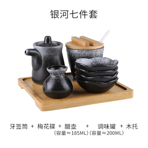 Conjunto de pote de cerâmica japonês restaurante, suporte de palito, prato de vinagre, pote de vinagre, bandeja de madeira, cozinha, dispensador de cereais