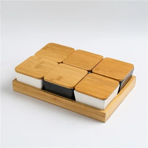 Quadrado moderno cerâmica bandeja de frutas com bambu e bandeja de madeira lanche doces caixa de armazenamento dividido porca bandeja de comida tigela decoração para casa