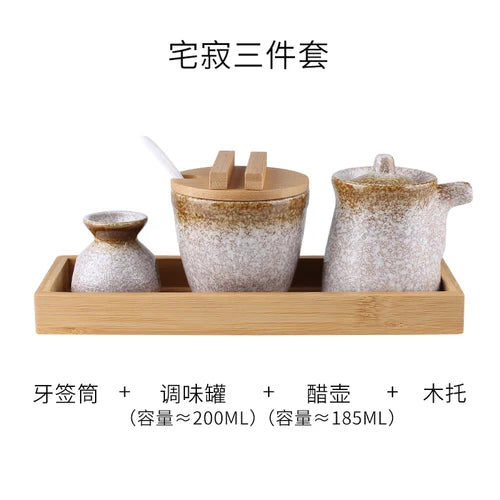 Conjunto de pote de cerâmica japonês restaurante, suporte de palito, prato de vinagre, pote de vinagre, bandeja de madeira, cozinha, dispensador de cereais