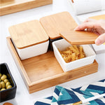 Quadrado moderno cerâmica bandeja de frutas com bambu e bandeja de madeira lanche doces caixa de armazenamento dividido porca bandeja de comida tigela decoração para casa