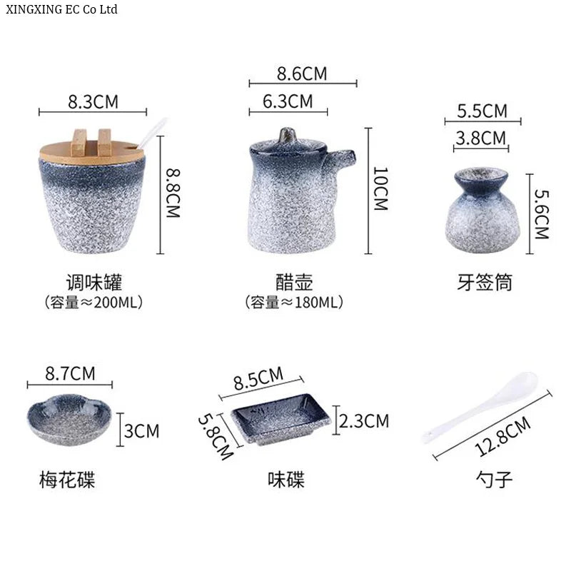 Conjunto de pote de cerâmica japonês restaurante, suporte de palito, prato de vinagre, pote de vinagre, bandeja de madeira, cozinha, dispensador de cereais