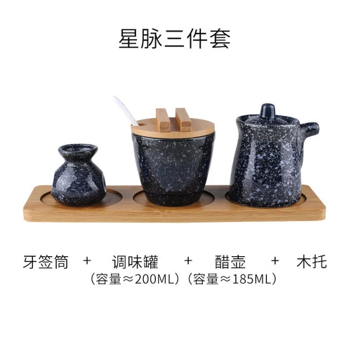 Conjunto de pote de cerâmica japonês restaurante, suporte de palito, prato de vinagre, pote de vinagre, bandeja de madeira, cozinha, dispensador de cereais