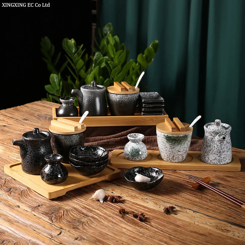 Conjunto de pote de cerâmica japonês restaurante, suporte de palito, prato de vinagre, pote de vinagre, bandeja de madeira, cozinha, dispensador de cereais