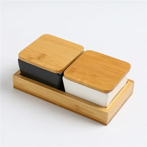 Quadrado moderno cerâmica bandeja de frutas com bambu e bandeja de madeira lanche doces caixa de armazenamento dividido porca bandeja de comida tigela decoração para casa