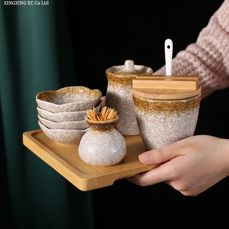 Conjunto de pote de cerâmica japonês restaurante, suporte de palito, prato de vinagre, pote de vinagre, bandeja de madeira, cozinha, dispensador de cereais
