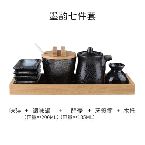 Conjunto de pote de cerâmica japonês restaurante, suporte de palito, prato de vinagre, pote de vinagre, bandeja de madeira, cozinha, dispensador de cereais