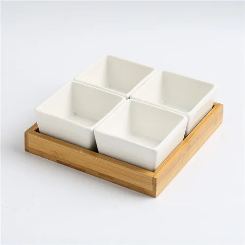 Quadrado moderno cerâmica bandeja de frutas com bambu e bandeja de madeira lanche doces caixa de armazenamento dividido porca bandeja de comida tigela decoração para casa