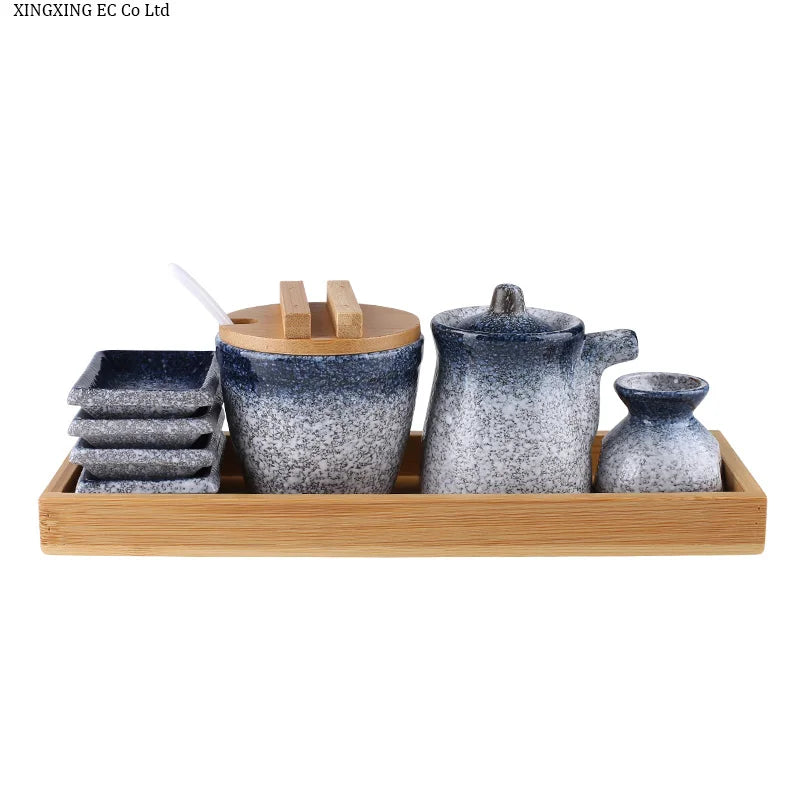Conjunto de pote de cerâmica japonês restaurante, suporte de palito, prato de vinagre, pote de vinagre, bandeja de madeira, cozinha, dispensador de cereais