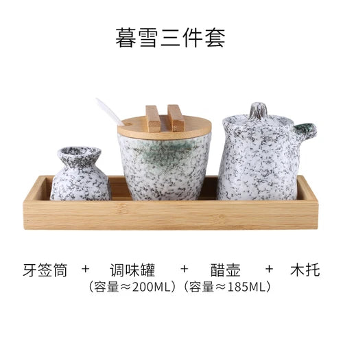 Conjunto de pote de cerâmica japonês restaurante, suporte de palito, prato de vinagre, pote de vinagre, bandeja de madeira, cozinha, dispensador de cereais