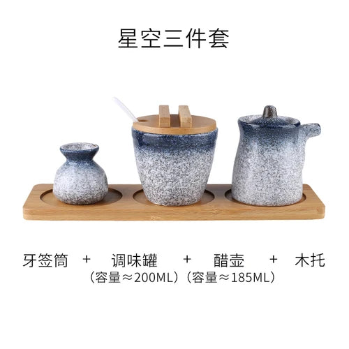 Conjunto de pote de cerâmica japonês restaurante, suporte de palito, prato de vinagre, pote de vinagre, bandeja de madeira, cozinha, dispensador de cereais