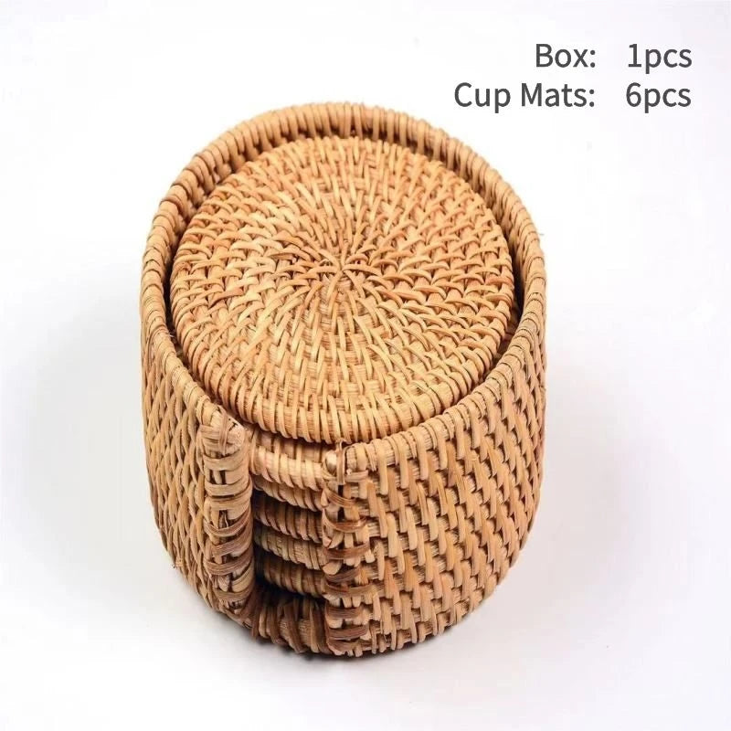 Tapete de copo trançado Rattan natural com caixa de armazenamento Almofada anti-derrapante Placemat tecido à mão Resistente ao calor Isolamento quente