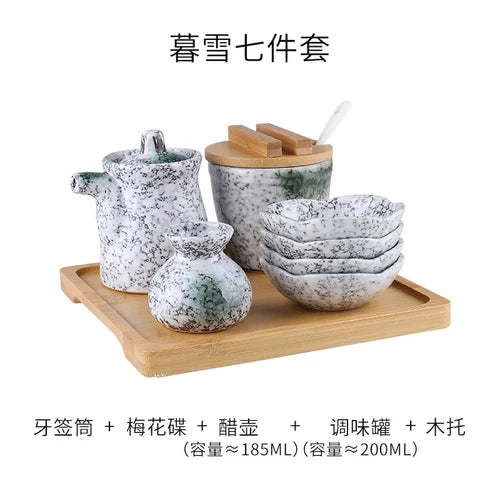Conjunto de pote de cerâmica japonês restaurante, suporte de palito, prato de vinagre, pote de vinagre, bandeja de madeira, cozinha, dispensador de cereais