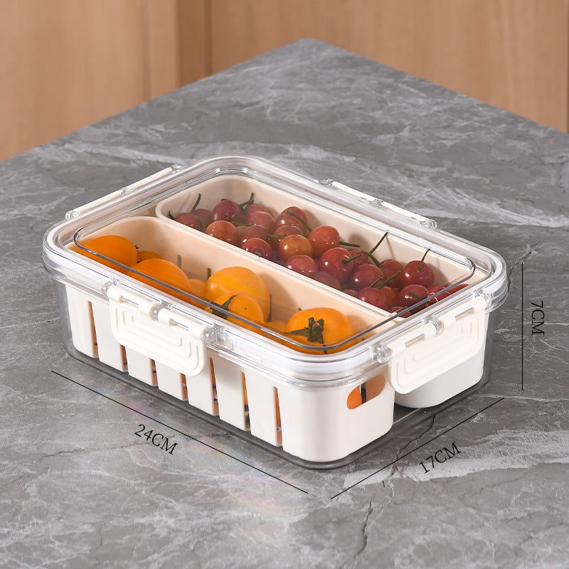 Caixa Organizadora de Geladeira Armário e Cozinha com Grade, Organizador de Cozinha, Organizador de Geladeira, Pote com Grade para Escoar, Caixa Transparente para Geladeira,Caixa para Armazenamento de Alimentos, Pote para Alimentos com Divisórias, Potes Transparentes para Geladeira, Loja Comprinha do Futuro