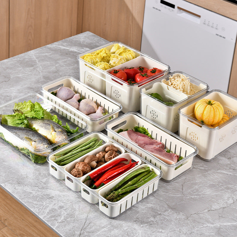 Caixa Organizadora de Geladeira Armário e Cozinha com Grade, Organizador de Cozinha, Organizador de Geladeira, Pote com Grade para Escoar, Caixa Transparente para Geladeira,Caixa para Armazenamento de Alimentos, Pote para Alimentos com Divisórias, Potes Transparentes para Geladeira, Loja Comprinha do Futuro