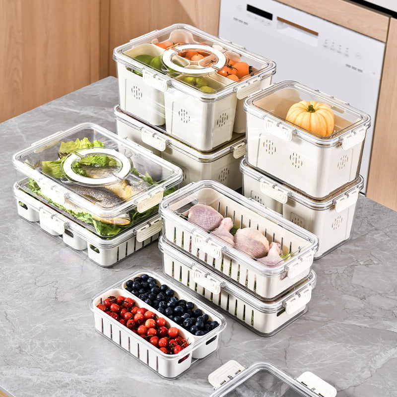Caixa Organizadora de Geladeira Armário e Cozinha com Grade, Organizador de Cozinha, Organizador de Geladeira, Pote com Grade para Escoar, Caixa Transparente para Geladeira,Caixa para Armazenamento de Alimentos, Pote para Alimentos com Divisórias, Potes Transparentes para Geladeira, Loja Comprinha do Futuro