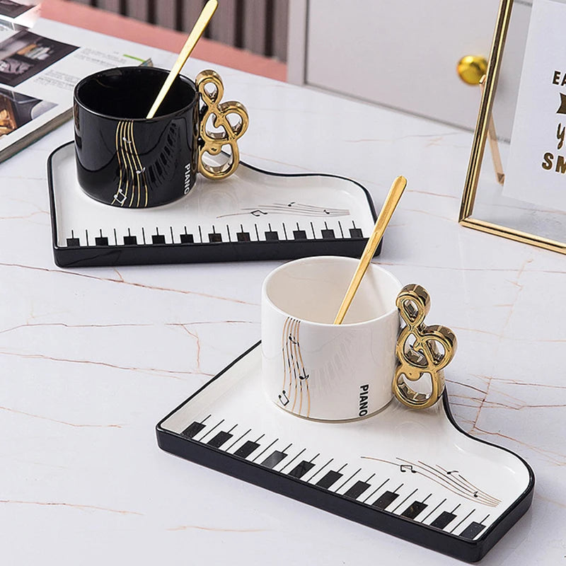 Xícara de café cerâmica europeia com pires, caneca latte caseira, leite matinal delicado, caneca de aveia, piano tecla preta e branca, 200ml