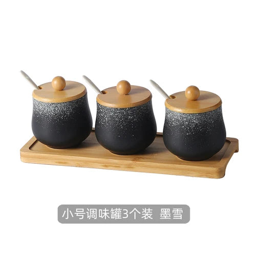 Estilo japonês do vintage conjunto de combinação de pote de especiarias de cerâmica cozinha caixa de especiarias de sal com tampa pimenta frasco de açúcar utensílios de cozinha