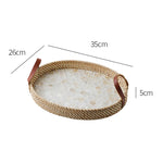 Ahunderjiaz-cesta de armazenamento retrô de rattan, bandeja criativa de concha natural com alças de couro, ornamentos de mesa para casa e sala de estar