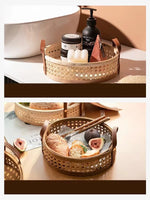 Estilo nórdico rattan tecido coleção bandeja cesta alça de couro pequena cesta circular aromaterapia conjunto chá cesta pão