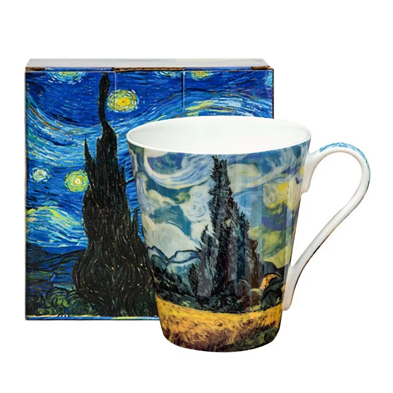 Novo estilo pintados à mão pintura a óleo caneca de café artista céu estrelado cerâmica caneca osso china copo caixa de presente de aniversário de casamento presente
