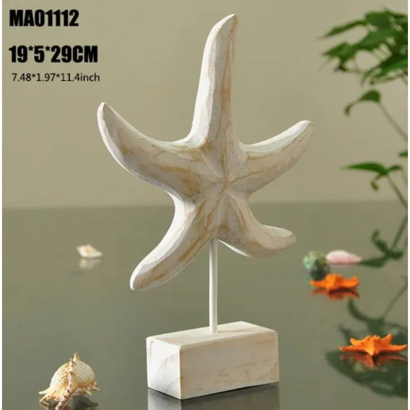 Artesanato de madeira estilo mediterrâneo, estrela do mar, concha, hipocampo, escultura em madeira, marinha, decoração da sala de estar