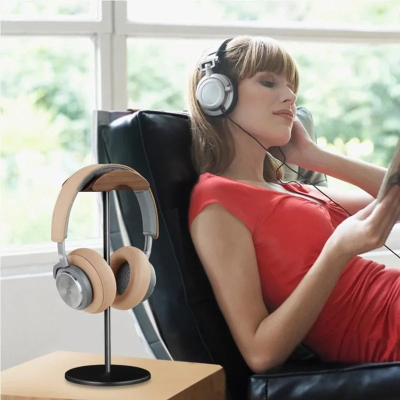 Preto Walnut Madeira e Alumínio Headphone Stand, Nature Walnut Gaming Headset Holder, Base de Metal Sólida, Table Desk Display