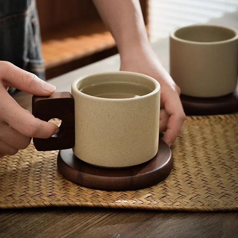 Xícara De Chá De Cerâmica Com Alça De Madeira Vintage, Xícara De Chá Com Bandeja, Caneca De Café, Presente De Aniversário, Casa E Escritório, Café Da Manhã Antigo, 300ml