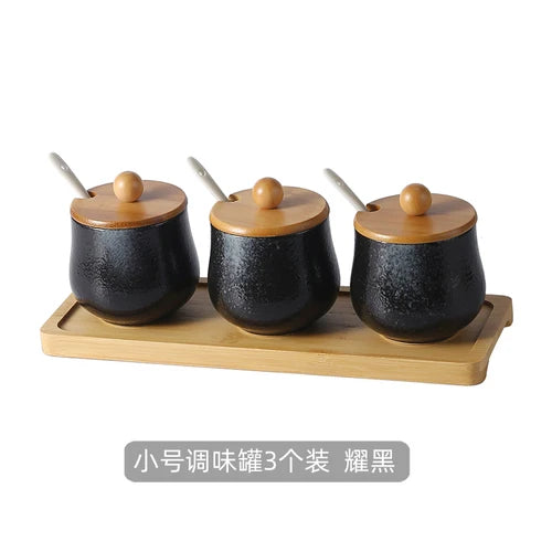 Estilo japonês do vintage conjunto de combinação de pote de especiarias de cerâmica cozinha caixa de especiarias de sal com tampa pimenta frasco de açúcar utensílios de cozinha