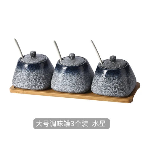 Estilo japonês do vintage conjunto de combinação de pote de especiarias de cerâmica cozinha caixa de especiarias de sal com tampa pimenta frasco de açúcar utensílios de cozinha