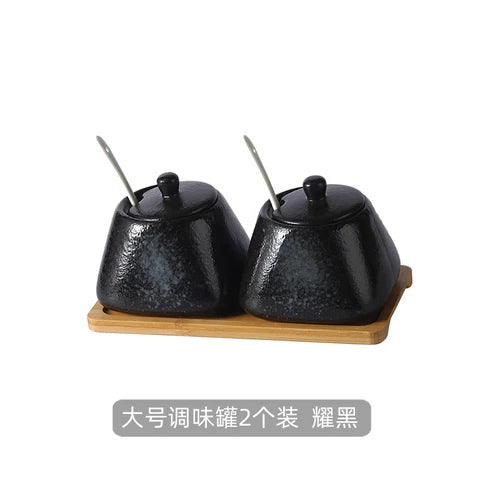 Estilo japonês do vintage conjunto de combinação de pote de especiarias de cerâmica cozinha caixa de especiarias de sal com tampa pimenta frasco de açúcar utensílios de cozinha