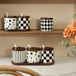 Preto e branco listrado cerâmica tempero jar com tampa de madeira spice açúcar jar cozinha chili sal armazenamento frascos utensílios de cozinha novo