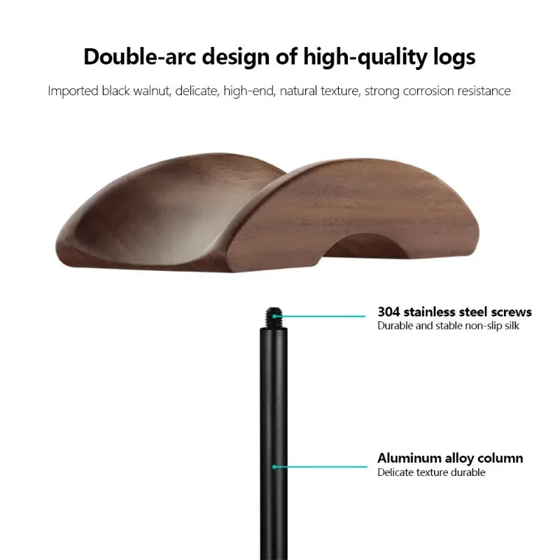 Preto Walnut Madeira e Alumínio Headphone Stand, Nature Walnut Gaming Headset Holder, Base de Metal Sólida, Table Desk Display