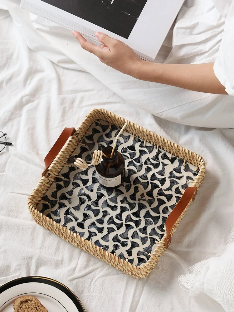 Ahunderjiaz-cesta de armazenamento retrô de rattan, bandeja criativa de concha natural com alças de couro, ornamentos de mesa para casa e sala de estar