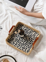 Ahunderjiaz-cesta de armazenamento retrô de rattan, bandeja criativa de concha natural com alças de couro, ornamentos de mesa para casa e sala de estar