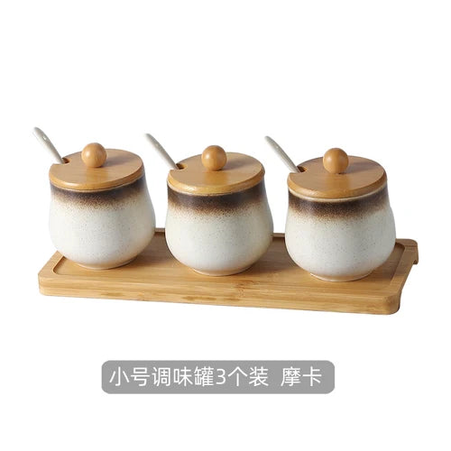 Estilo japonês do vintage conjunto de combinação de pote de especiarias de cerâmica cozinha caixa de especiarias de sal com tampa pimenta frasco de açúcar utensílios de cozinha