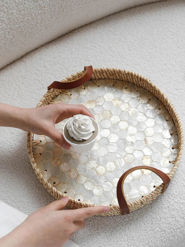 Bandeja de concha natural estilo francês, bandejas de armazenamento de vime feitas à mão, entrada da sala de estar, decoração de jardim, decoração de cozinha para casa