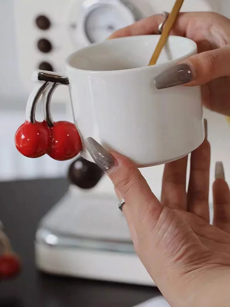 Ahunderjiaz-Pintado à mão Cereja Cerâmica Xícara De Café, Criativo 3D Caneca De Leite, Conjunto De Beber Doméstico, Presente De Aniversário
