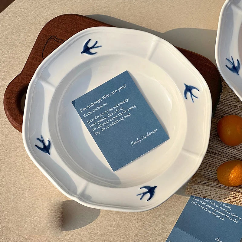 Ahunderjiaz-Vintage alívio cerâmica prato fundo, bandeja de bolo de sobremesa, esculpidas à mão, engolir impressão, utensílios de cozinha do agregado familiar
