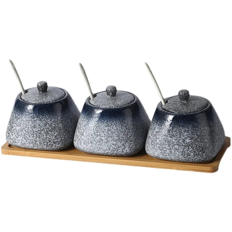 Estilo japonês do vintage conjunto de combinação de pote de especiarias de cerâmica cozinha caixa de especiarias de sal com tampa pimenta frasco de açúcar utensílios de cozinha