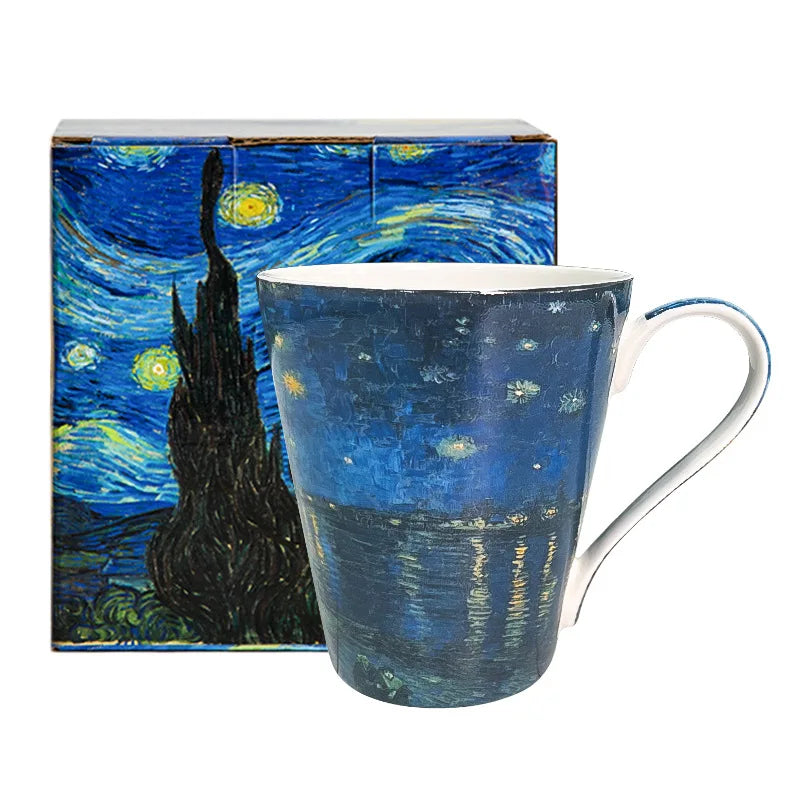 Novo estilo pintados à mão pintura a óleo caneca de café artista céu estrelado cerâmica caneca osso china copo caixa de presente de aniversário de casamento presente
