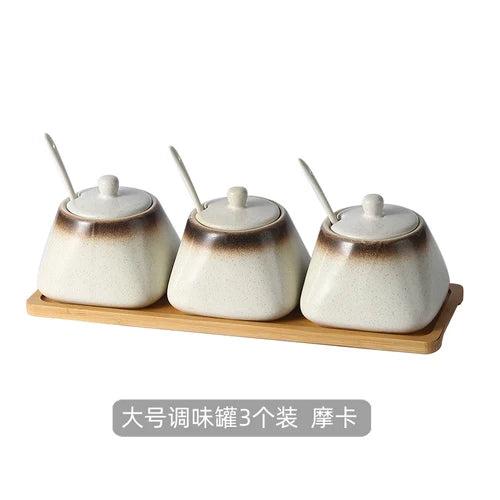 Estilo japonês do vintage conjunto de combinação de pote de especiarias de cerâmica cozinha caixa de especiarias de sal com tampa pimenta frasco de açúcar utensílios de cozinha