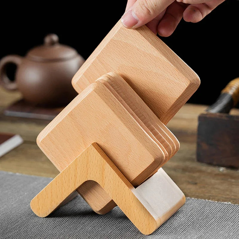 Praça Coaster De Madeira Conjunto Com Suporte, Porta-copos, Cup Mats, Noz Preta Café Placemats, Acessórios De Mesa, 6Pcs